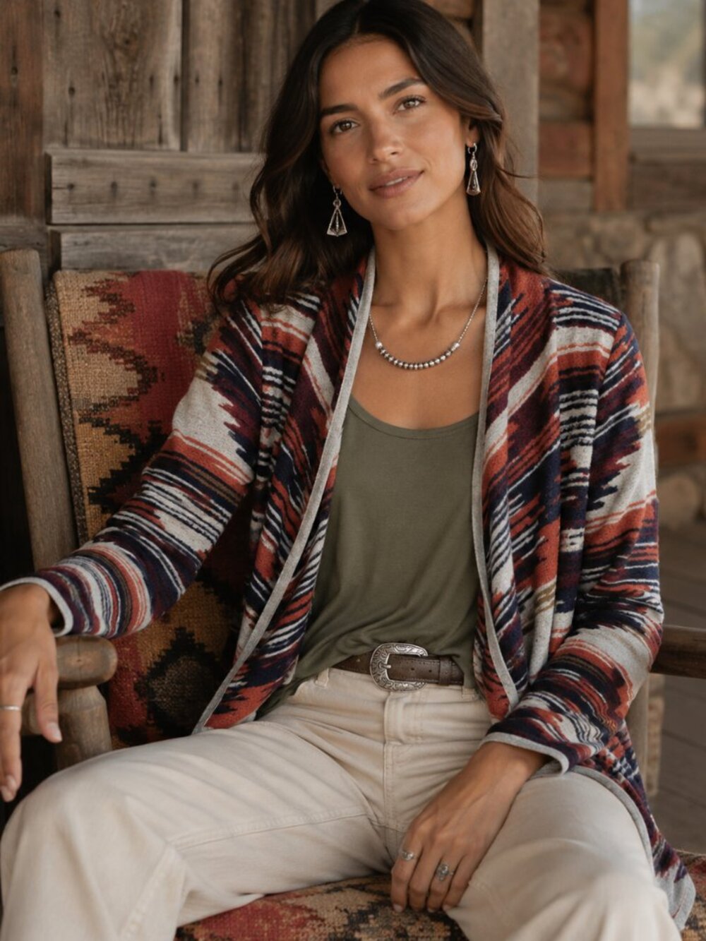 Lucky Brand Aztec Drape Cardigan L Southwestern Boho Western Waterfall 7W51228